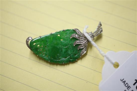 A white gold mounted carved jadeite and diamond gourd brooch, 48mm.